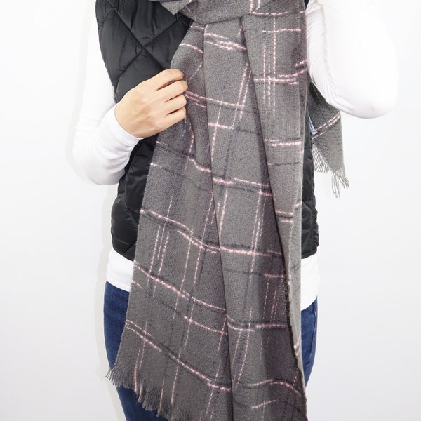 Long Chunky Scarf, Winter Tartan Plaid Scarf, Solid Color Party Scarf, Cozy Blanket Scarf, Shawl Scarf, Gift for Her- Grey
