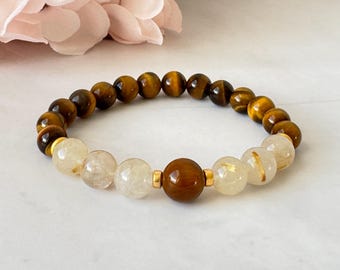 Bracelet de protection Empath : oeil de tigre, quartz rutile, or 14 carats