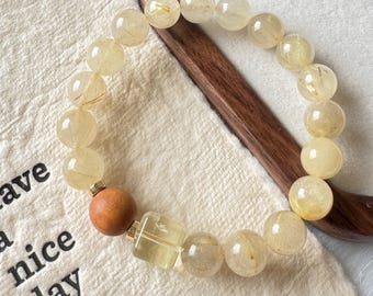 Bracelet quartz rutile doré et bois de santal, citrine, talisman de protection, fait main à New York