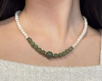 Freshwater Pearl and Nephrite Jade Necklace, Sterling Silver Clasp