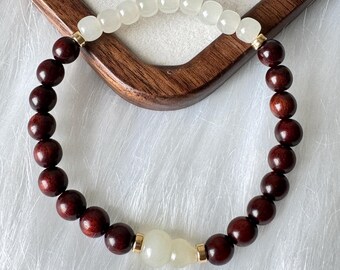 Bracelet calebasse en jade glacé et bois de santal rouge naturel, or 14 carats rempli, bijou de protection