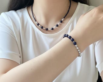 Lapis Lazuli Pearl Necklace Bracelet Set, S925 Sterling Silver Beaded Jewelry
