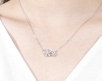 Sterling Silver Flower Necklace, Cubic Zirconia Floral Pendant, Dainty Jewelry