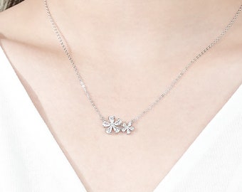 Two Little Daisy Zirconia Pendant Necklace, 14K Gold Plated 925 Sterling Silver, Cubic Zirconia Necklace, Gift for Her