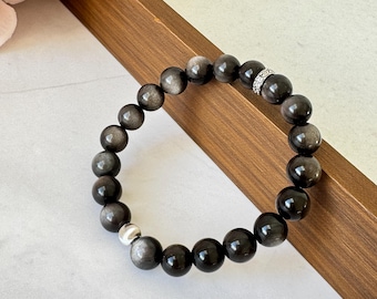Bracelet de protection Empath : pierre précieuse obsidienne argentée de guérison, argent sterling 925, bouclier d'énergie négative