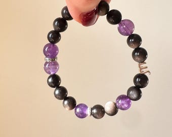 Silver Obsidian & Amethyst Bracelet • Protection Crystal Jewelry, Optional Zodiac Charm