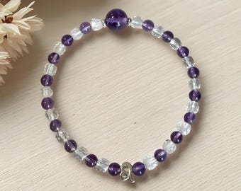 Amethyst & Clear Quartz Bracelet, Sterling Silver Zodiac Charm