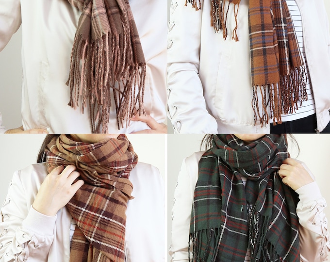 Women's Fashion Plaid Scarf with Tassels, Winter Plaid Large Oversized Scarves Wraps