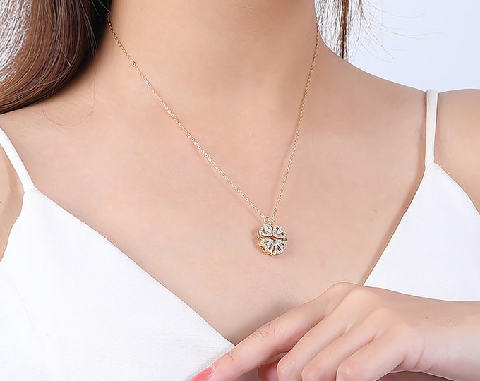 Lovely Four-Leaf Clover Two Ways Pendant Necklace, 925 Sterling Silver, Zirconia Necklace, Gift for Her