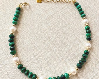 Malachite Pearl Bracelet, 14K Gold Filled, Minimalist Dainty Jewelry, Handcrafted in NY
