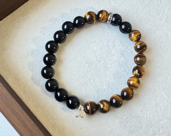 Tiger's Eye & Black Obsidian Beaded Bracelet | Sterling Silver Zodiac Charm
