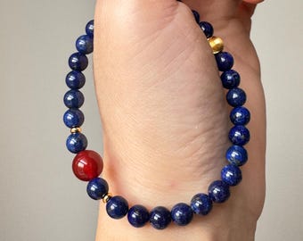 Lapis Lazuli & Red Agate Bracelet |18K Gold Plated Sterling Silver ,  Handmade Bracelet