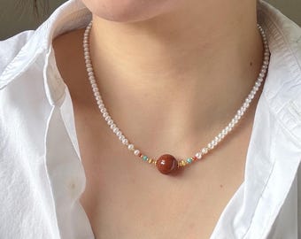 Collier de perles d'agate rouge et d'eau douce avec accents turquoise | Ras de cou minimaliste | Bijoux en pierres précieuses
