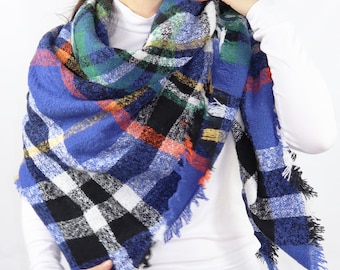 Winter Plaid Blanket Scarf, Square  Oversized Blanket Tartan Scarf Wrap Shawl Personalized #7
