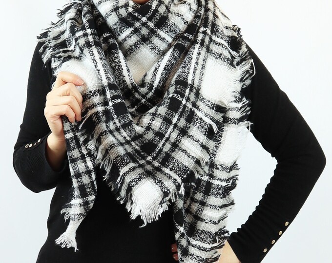 Winter Plaid Blanket Scarf, Square  Oversized Blanket Tartan Scarf Wrap Shawl Personalized #38