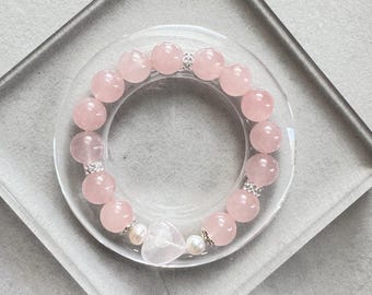 Rose Quartz Heart Bracelet, Freshwater Pearls, Silver Floral Spacers, Attracting Love Stone