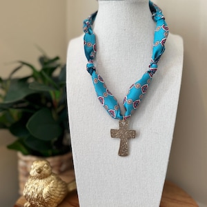 Scarf Necklace With Gold Hammered Cross Charm