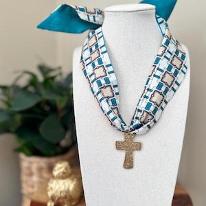 Scarf Necklace With Gold Hammered Cross Charm