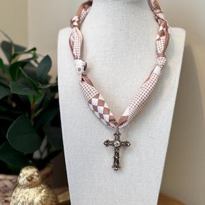 Scarf  Necklace With Gold Cross Charm