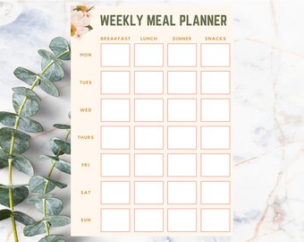 Planificador de comidas semanal imprimible, Planificador de comidas florales, DESCARGA INSTANTE, Planificador de menú semanal, Planificador de comidas imprimible, Plan de comidas semanal
