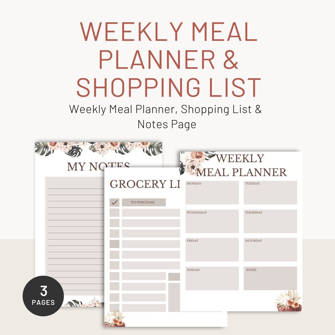 Boho Beige Floral Weekly Meal Planner Printable - Meal Planning ...
