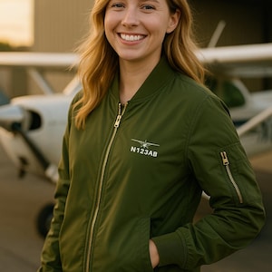 Custom N Number Embroidered Bomber Jacket | Personalized Airplane Gift | Pilot Jacket | Aviator Apparel Gift | Aviation Jacket