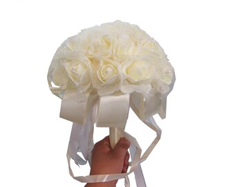 12" Elegant Foam Rose Bouquet with Glittered Tulle and Ribbon -  Bridal and Quinceanera Bouquet - Free Shipping!