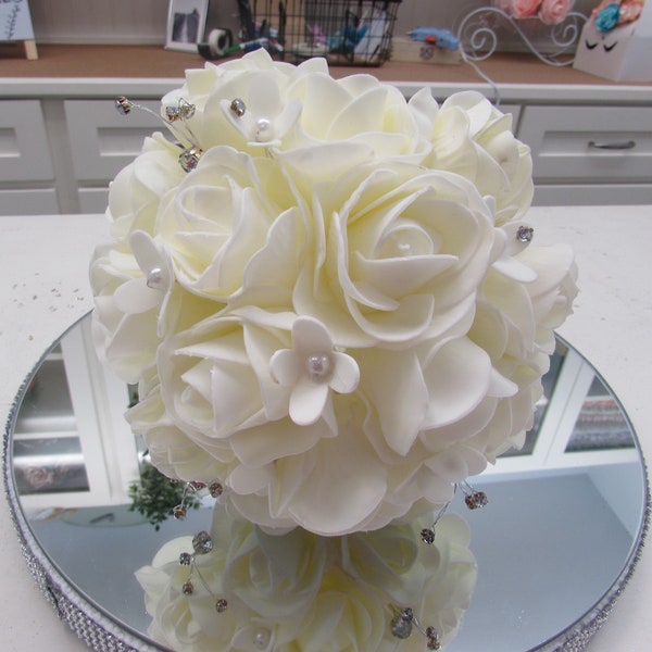 12" Soft Foam Rose Bouquet with Glittered Tulle, Pearls & Ribbon (1) - Free Shipping!