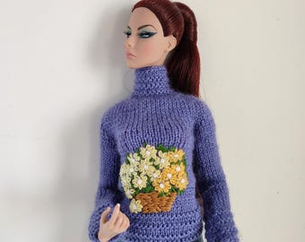 Hand-knitted Lavender Sweater with Embroidered Buqet FR FR2 Nu Face IT dolls Integrity Toys Doll clothes