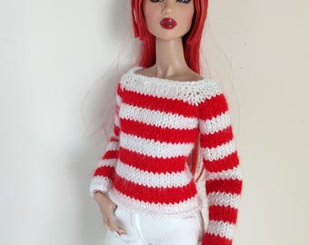 Handmade Independence Day Red White Striped Sweater Integrity Toys Fashion Royalty NuFace dolls FR FR2 IT Doll clothes Nu Face Knits