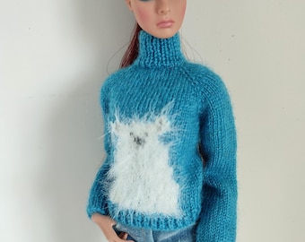 Hand Knitted Fluffy Bear Blue Sweater Doll Clothes for Integrity Toys Fashion Royalty NuFace Dolls Clothing Christmas jumper