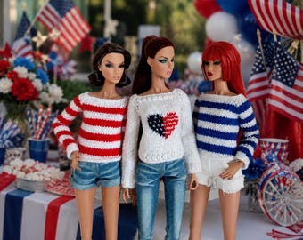 Patriotic Doll Set of 3 Sweaters Independence Day 4th of July Integrity Toys Fashion Royalty NuFace FR FR2 IT dolls Doll clothes