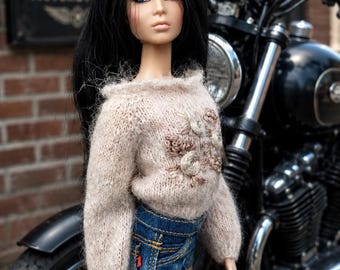 Hand-knitted Stylish Beige Mohair Sweater with Embroidery IT dolls Integrity Toys Fashion Royalty OOAK Designed Doll Clothes Knits