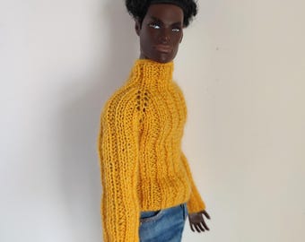 Handknit Yellow Sweater Integrity Toys Fashion Royalty handmade set outfit Pullover & hat Male doll clothes