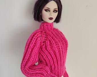 Hand-Knitted Pink English Rib Sweater for Fashion Royalty Integrity Toys NuFace Dolls Womans Rights Pullover