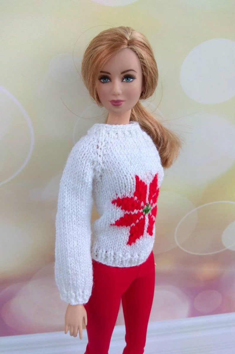 Barbie Doll Clothes. Handknitted White Sweater With Red Pic Etsy