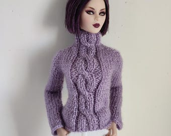 Fashion Royalty Hand Knitted Aran Lavender Sweater Integrity Toys Doll Clothes 1/6 Scale Handmade OOAK Doll Knitwear Collector Gift