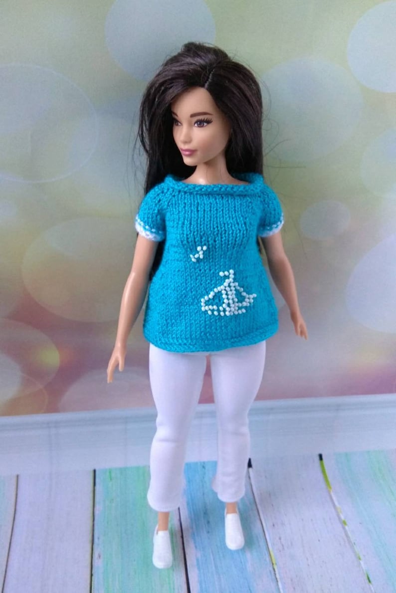 Curvy Barbie Doll Clothes. Hand-knitted Blue Tunic and White | Etsy