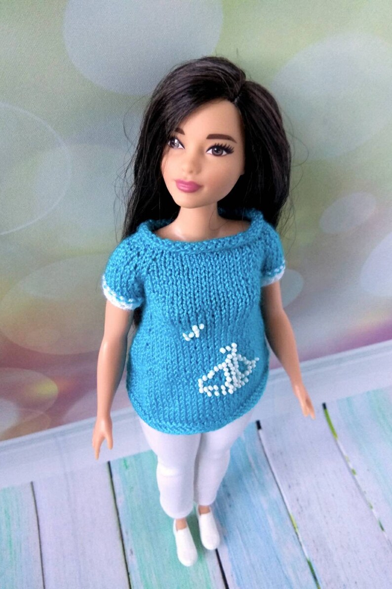Curvy Barbie Doll Clothes. Handknitted Blue Tunic and White Etsy