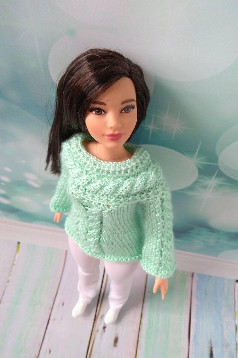 Curvy Barbie doll clothes. Handknitted green sweater and Etsy