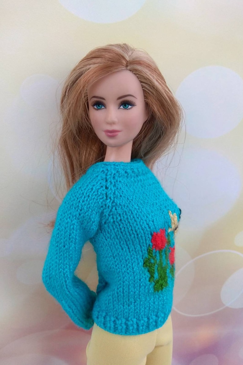Barbie doll clothes. Handknitted blue sweater pullover with Etsy