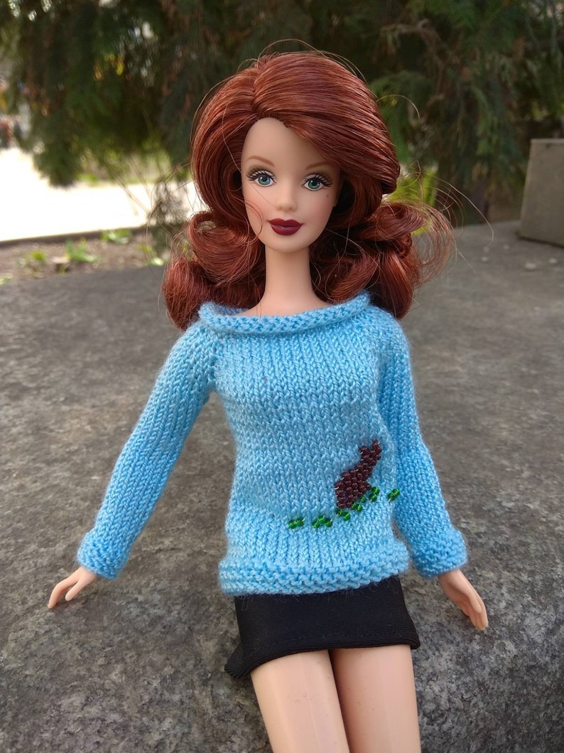 Handknitted baby blue sweater pullover with beaded kitty Etsy