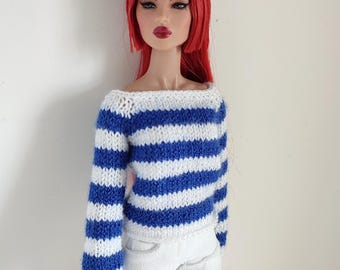 Handmade Independence Day Blue White Striped Sweater Integrity Toys Fashion Royalty NuFace dolls FR FR2 IT Doll clothes Nu Face Knits
