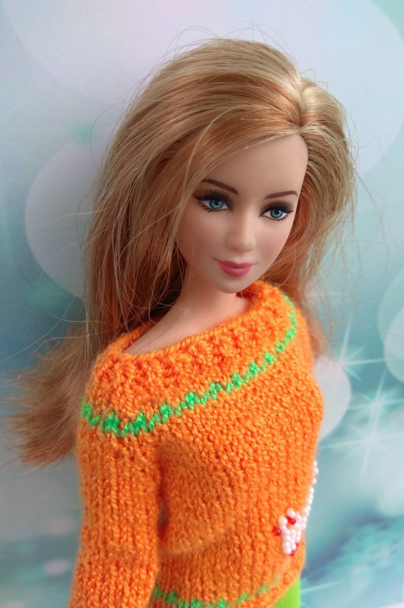 Barbie doll set. Handknitted bright orange sweater with Etsy