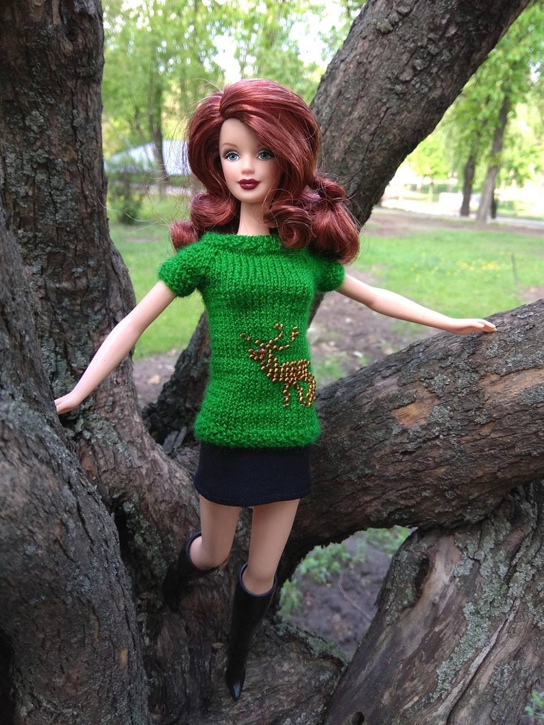 Barbie Doll Clothes Hand Knitted Green Shirt With Beaded Deer Etsy