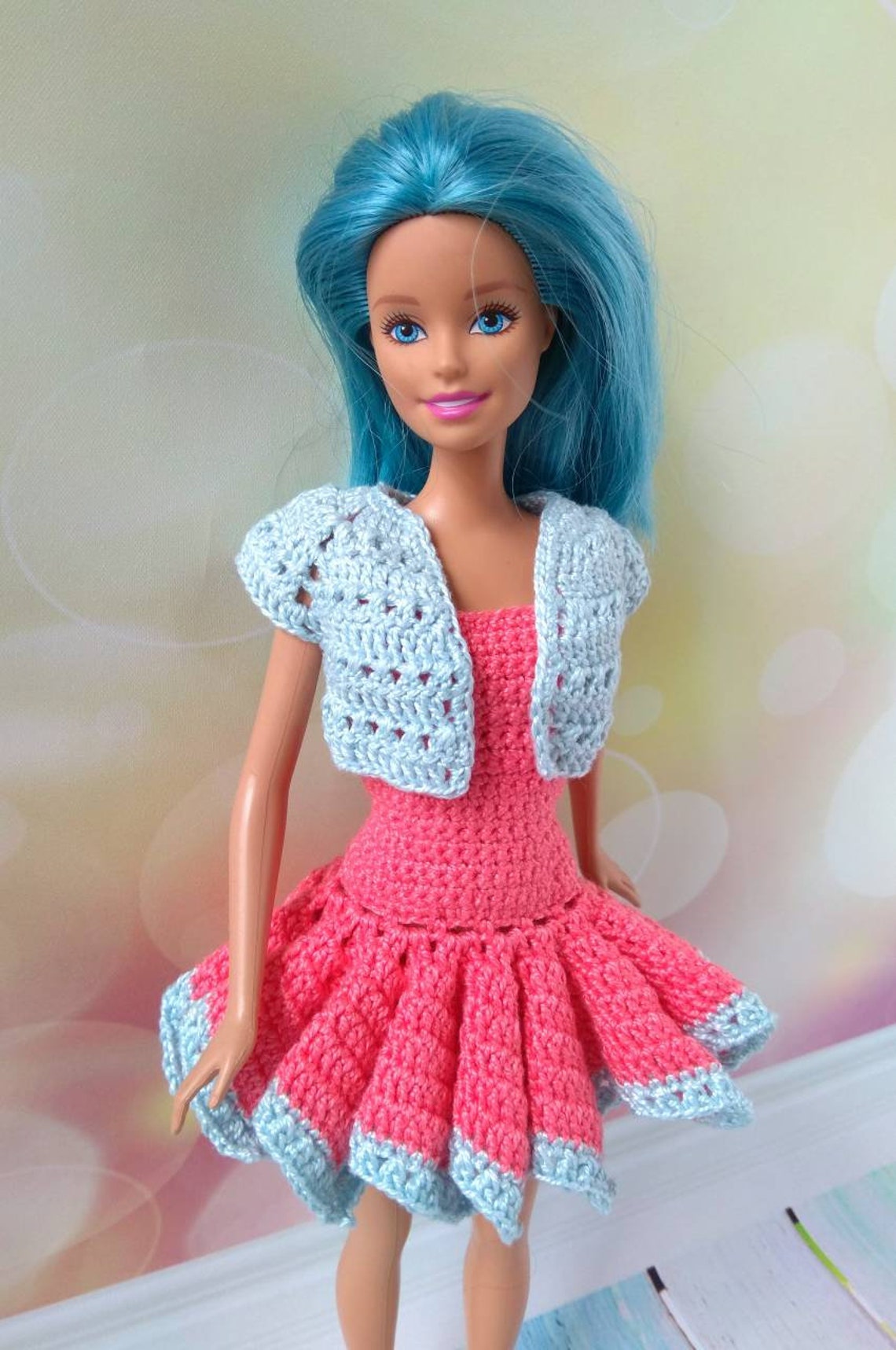 Barbie Doll Clothes. Hand Crocheted Fluffy Coral Dress and | Etsy