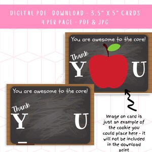 You are awesome to the core! Thank You 3.5&quot;x5&quot; Teacher Printable Cookie Card - Instant Digital Download - 4 per page