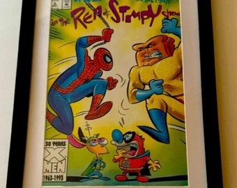 Ren & Stimpy with Spider-Man Framed Comic Book Art