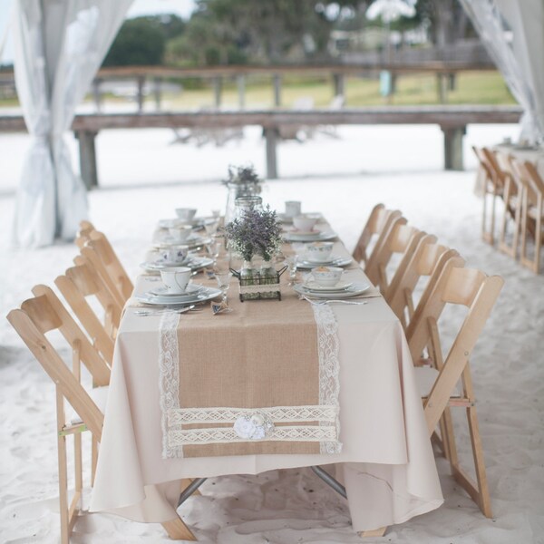 Burlap and Lace Wedding Table Runner with Embellishments