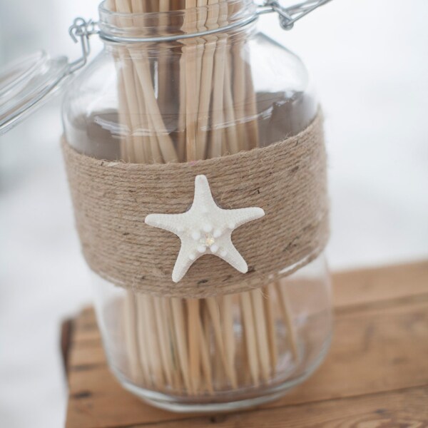 Reserved Listing For Sierra Cooper - Large Rustic Beach Theme Glass Jar with Marshmallow Roasting Sticks Decorated for a Rustic Beach Theme